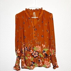 🔥Anthro burnt orange and navy floral long sleeve top Small